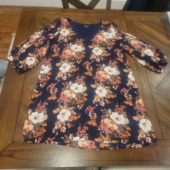 Lulus Split Sleeve Sheeth Shift Dress Navy Blue Floral V-Neck Boho Medium - Picture 2 of 8